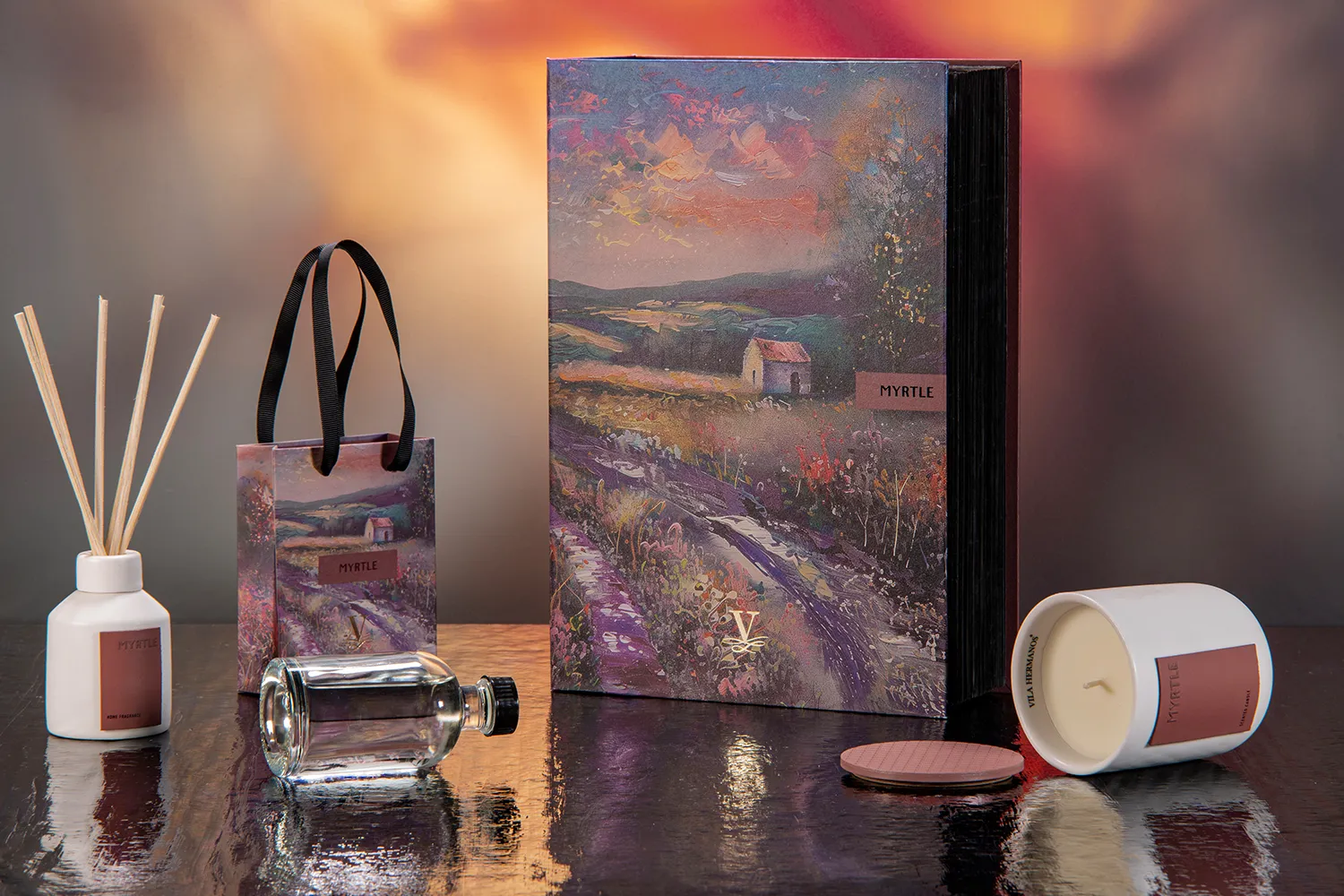 VILA HERMANOS - Set Pink myrtle, Organic Collection - sviečka 220g, difuzér 100ml, 2 parfumované karty